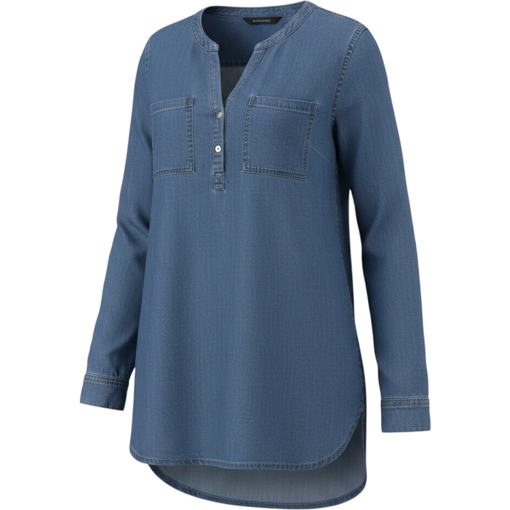 Eddie Bauer Tunic Top Womens S‎ Blue Tencel Denim Split Neck Lace Boho Coastal